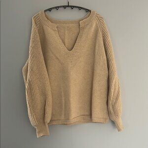SHEIN Tan V-Neck Sweater with Ribbed Knit